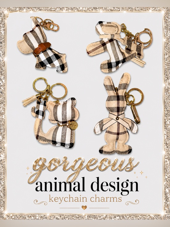 Accessories - Plaid Animal Design Keychain Charms - Tan/Black